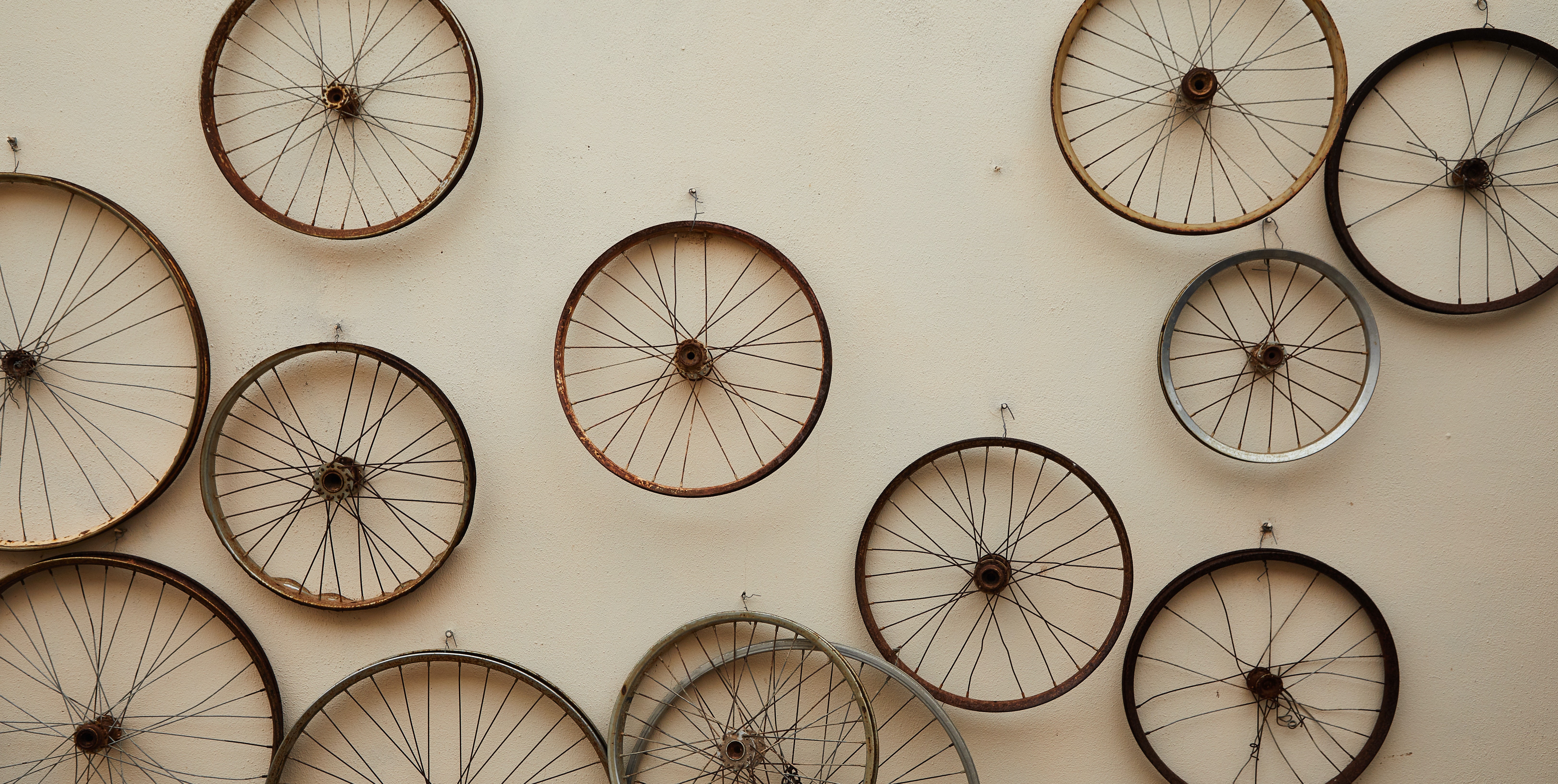 bike wheels on wall